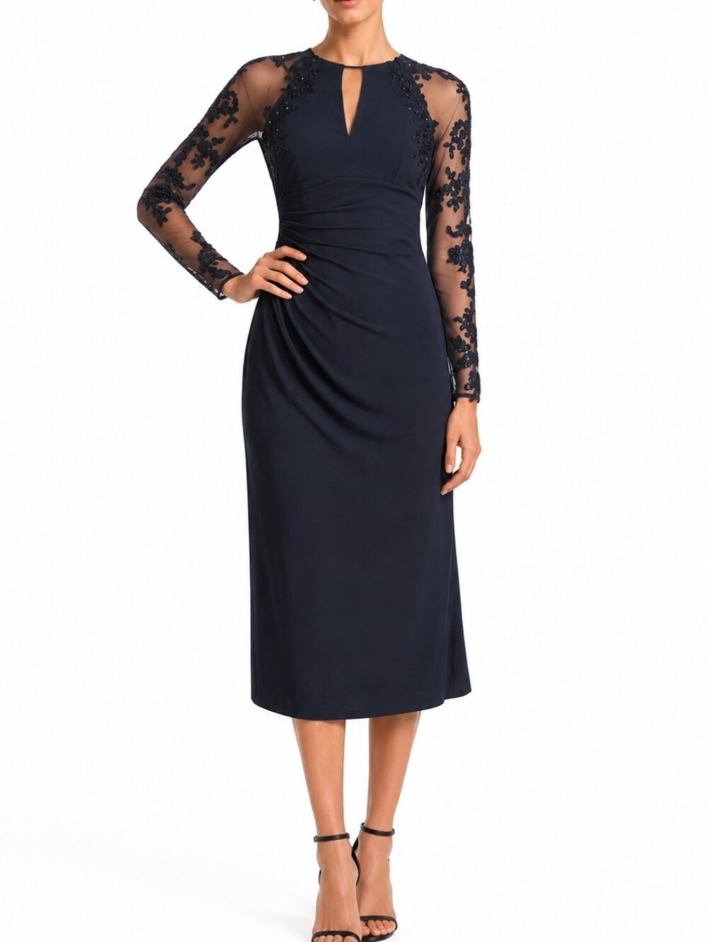 David Meister S6 Sheer Long Sleeve Floral Sequin Design Dress Dark Blue